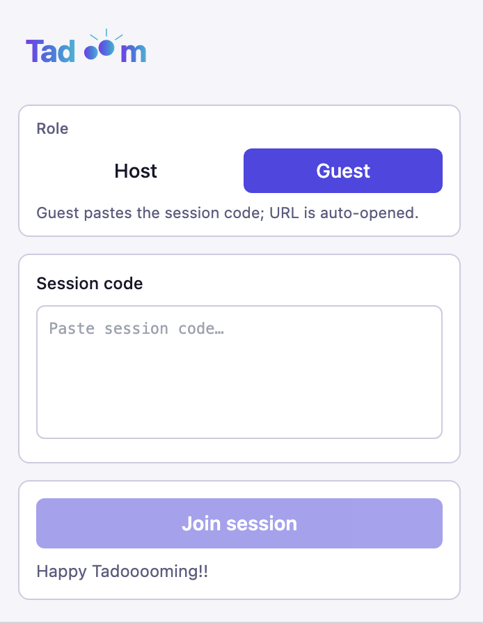 Tadoom popup showing the Guest option and session code input